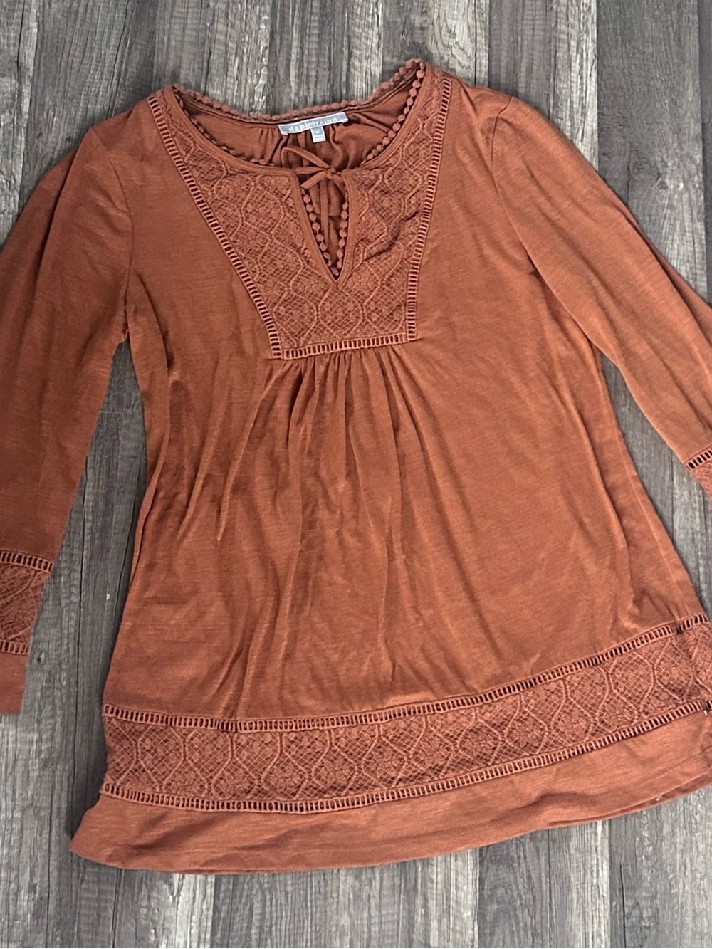Daniel Rainn Rust Crochet-Trim Peasant Tunic